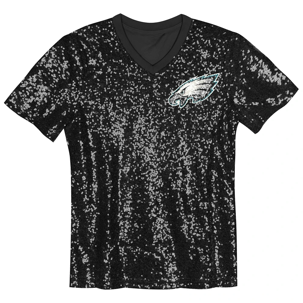 Girls Youth Black Philadelphia Eagles Wordmark Sequin V-Neck Top