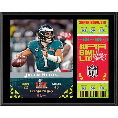Plaque sublimée 12'' x 15'' des champions du Super Bowl LIX des Philadelphia Eagles de Jalen Hurts avec réplique du billet