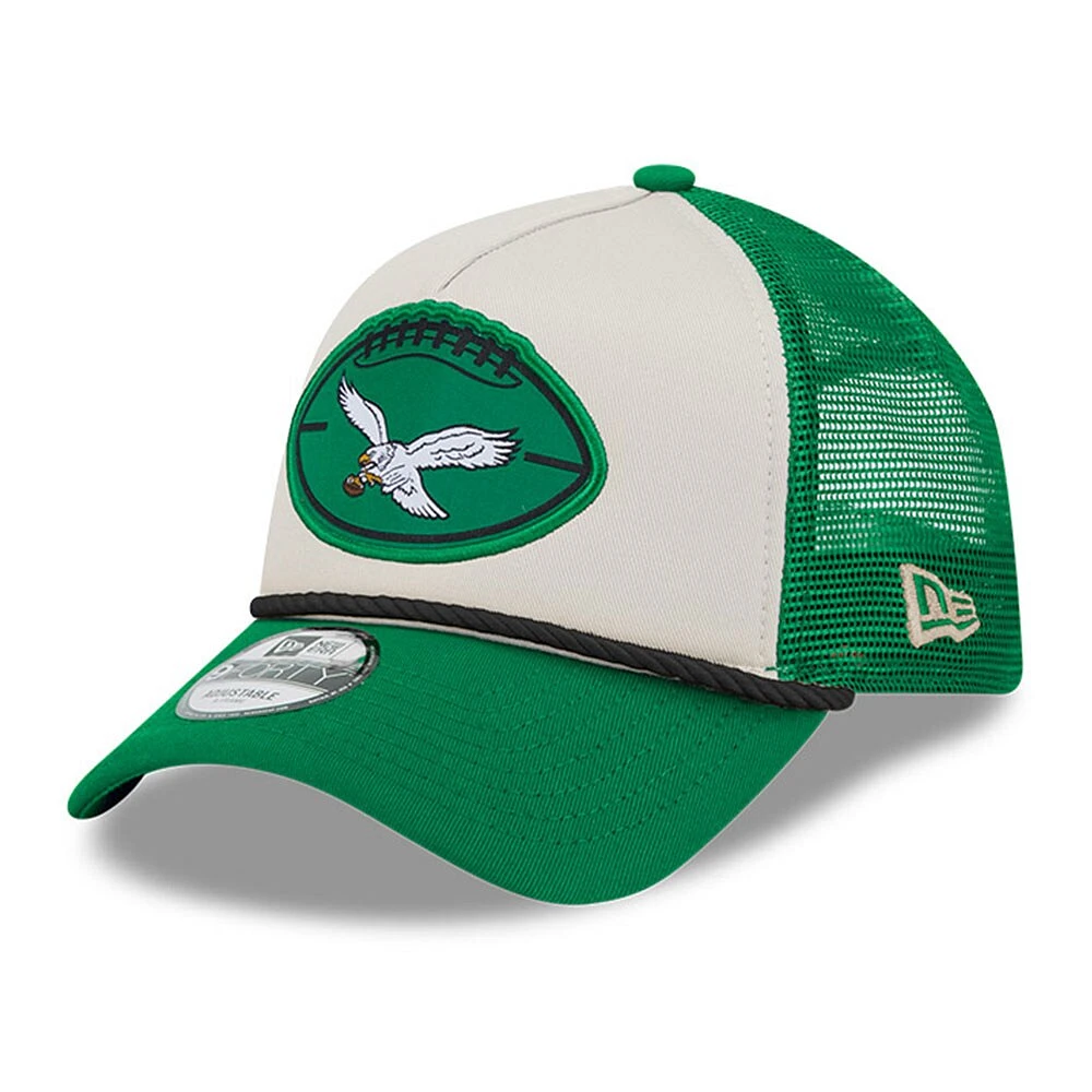 Men's New Era Stone/Kelly Green Philadelphia Eagles 2024 NFL Sideline Historic 9FORTY A-Frame Trucker Adjustable Hat