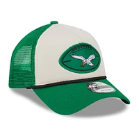 Men's New Era Stone/Kelly Green Philadelphia Eagles 2024 NFL Sideline Historic 9FORTY A-Frame Trucker Adjustable Hat