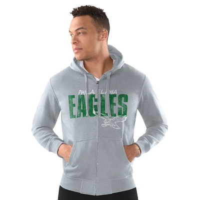 Sweat à capuche zippé classique vieilli gris chiné pour homme des Philadelphia Eagles