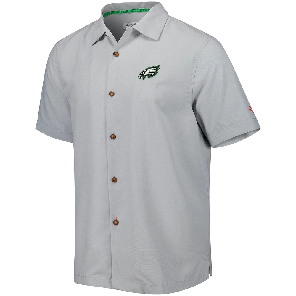 Men's Tommy Bahama Gray Philadelphia Eagles Coconut Point Frondly Fan Camp IslandZone Button-Up Shirt