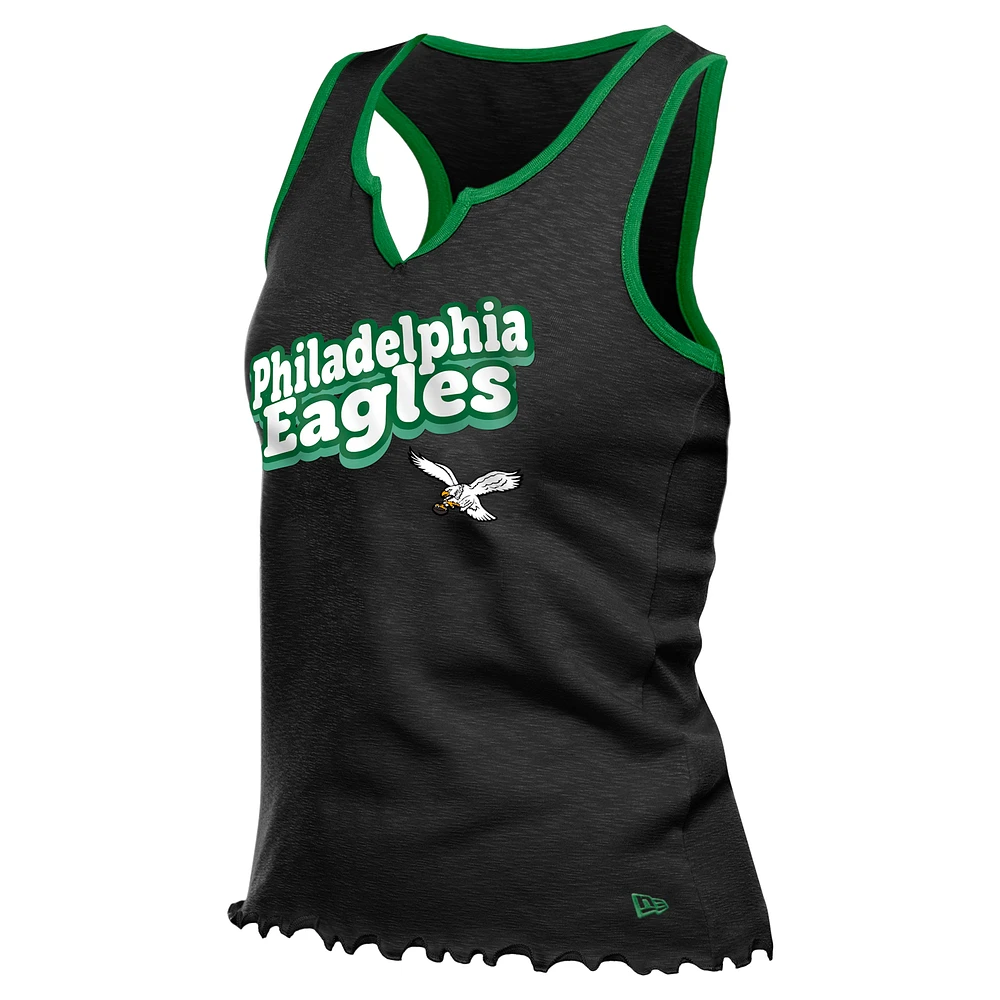 Women's New Era  Black Philadelphia Eagles Lettuce Hem Notch Neck Tri-Blend Tank Top