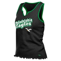 Women's New Era  Black Philadelphia Eagles Lettuce Hem Notch Neck Tri-Blend Tank Top