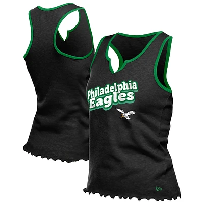 Women's New Era  Black Philadelphia Eagles Lettuce Hem Notch Neck Tri-Blend Tank Top