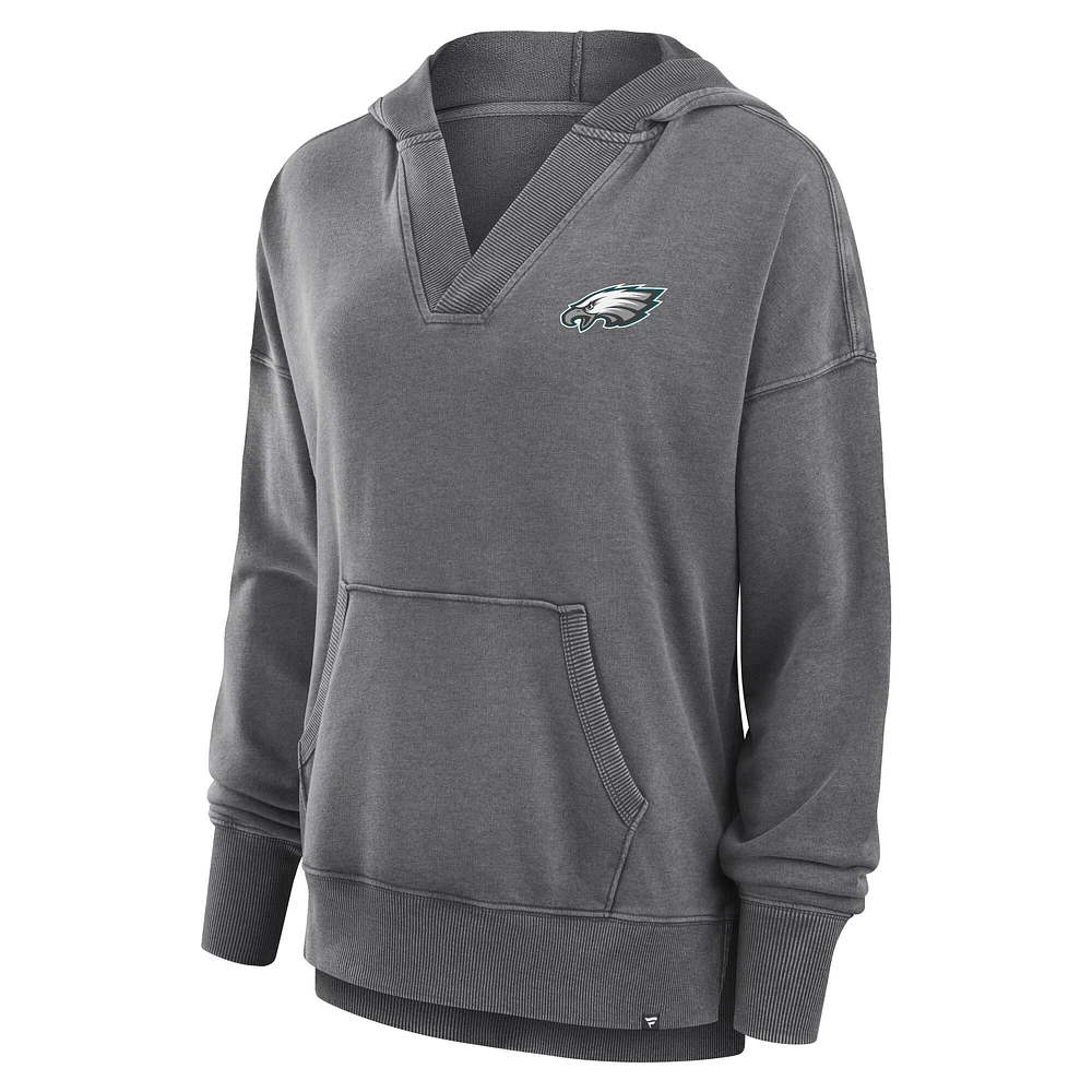 Women's Fanatics  Heather Charcoal Philadelphia Eagles Initiative Snow Wash French Terry V-Neck Pullover Hoodie