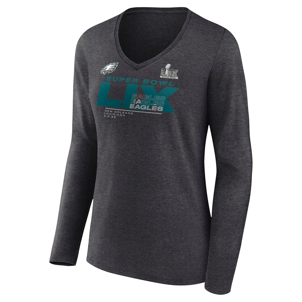 Women's Fanatics Heather Charcoal Philadelphia Eagles Super Bowl LIX Quick Pass Long Sleeve V-Neck T-Shirt