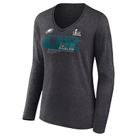 Women's Fanatics Heather Charcoal Philadelphia Eagles Super Bowl LIX Quick Pass Long Sleeve V-Neck T-Shirt