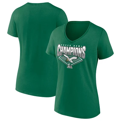T-shirt à col en V rétro diamants Fanatics Kelly Green Philadelphia Eagles Super Bowl LIX Champions pour femmes