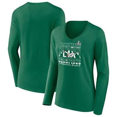 T-shirt à manches longues et col en V avec logo rétro des Philadelphia Eagles du Super Bowl LIX pour femmes Fanatics Kelly Green