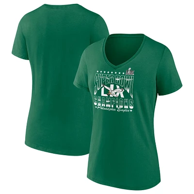 T-shirt à col en V avec logo rétro Fanatics Kelly Green Philadelphia Eagles Super Bowl LIX Champions pour femmes