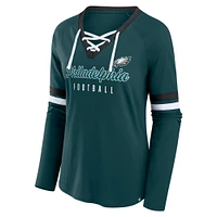 Women's Fanatics Midnight Green Philadelphia Eagles Won and Done Lace-Up Raglan T-Shirt