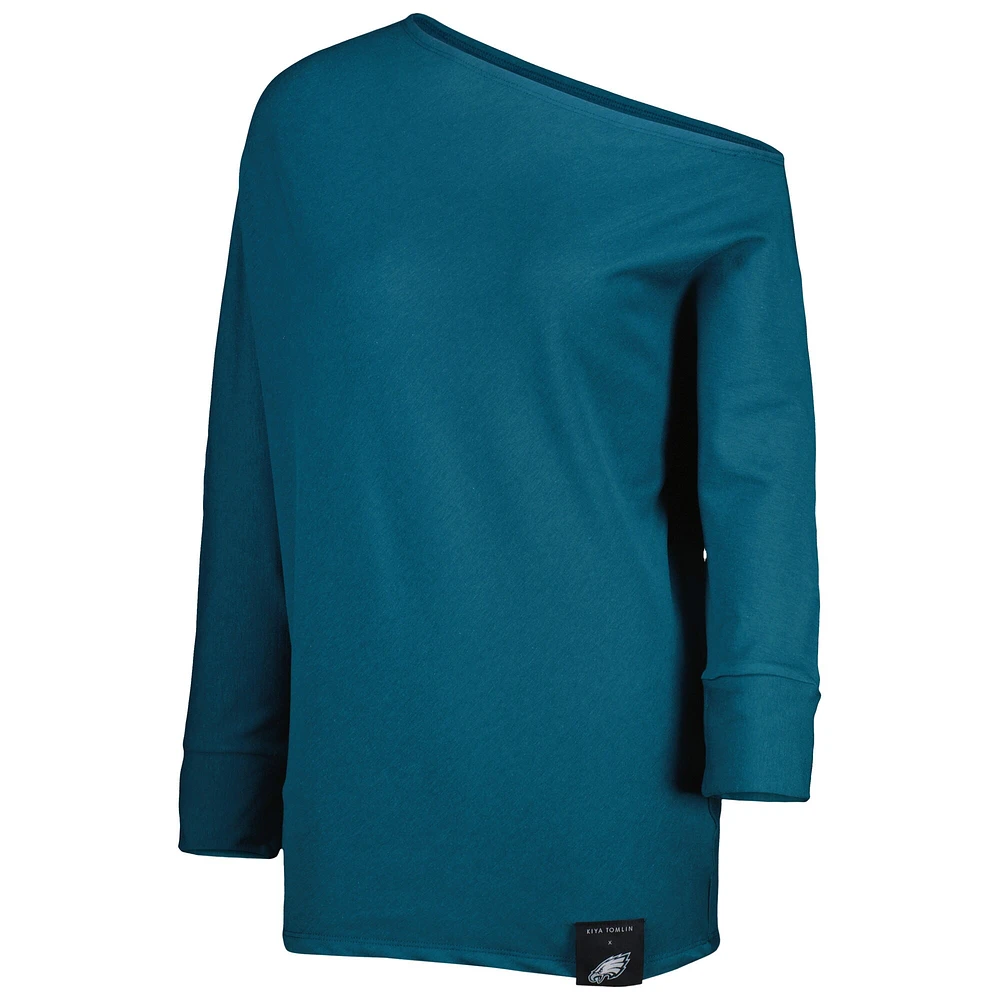Women's KIYA TOMLIN Midnight Green Philadelphia Eagles Twisted Tri-Blend Asymmetrical 3/4-Dolman Sleeve Sweatshirt