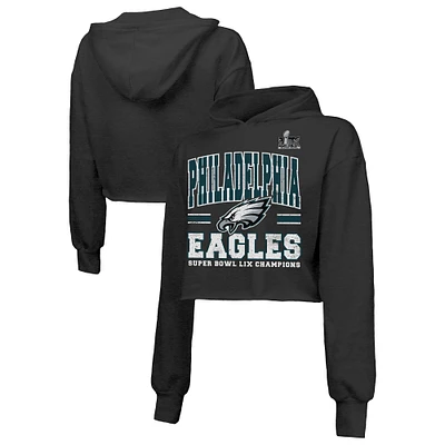 Sweat à capuche court en mélange de trois mélanges Fair Catch pour femme Majestic Threads Black Philadelphia Eagles Super Bowl LIX Champions