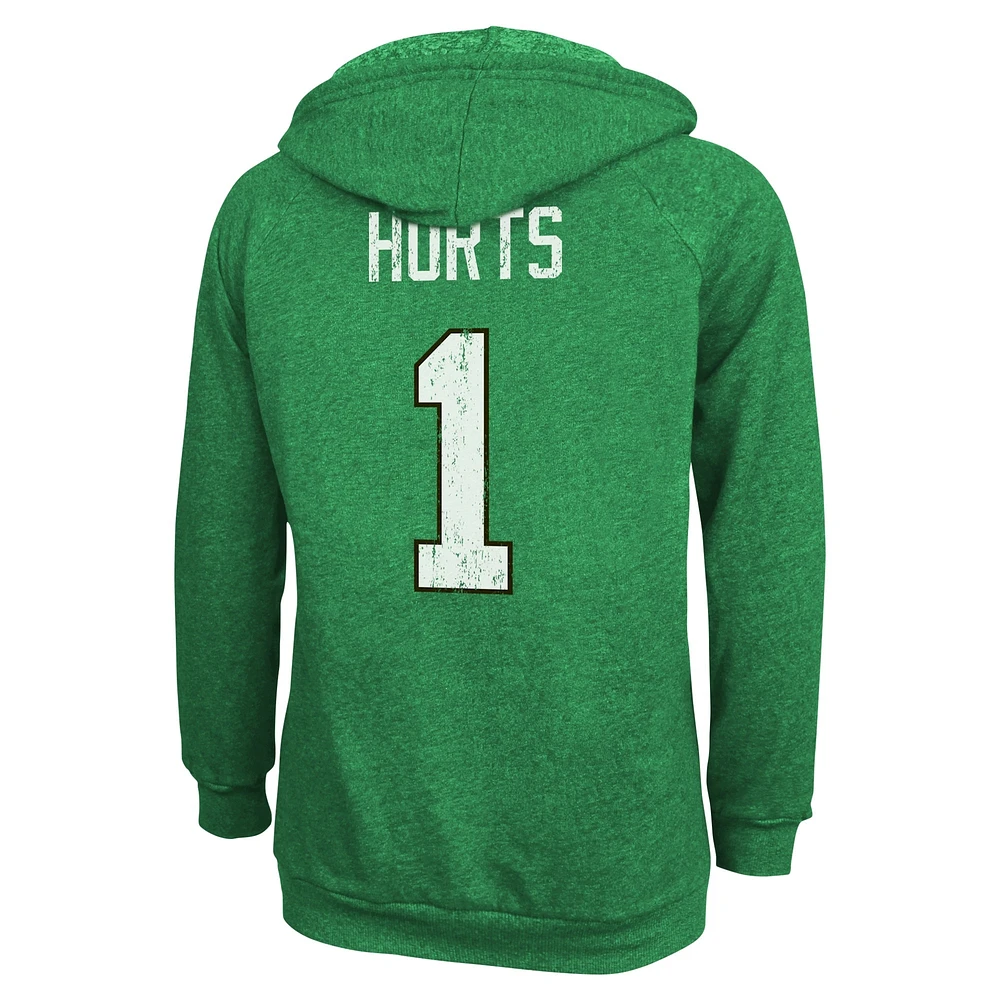 Women's Majestic Threads Jalen Hurts  Kelly Green Philadelphia Eagles Name & Number Tri-Blend Pullover Hoodie