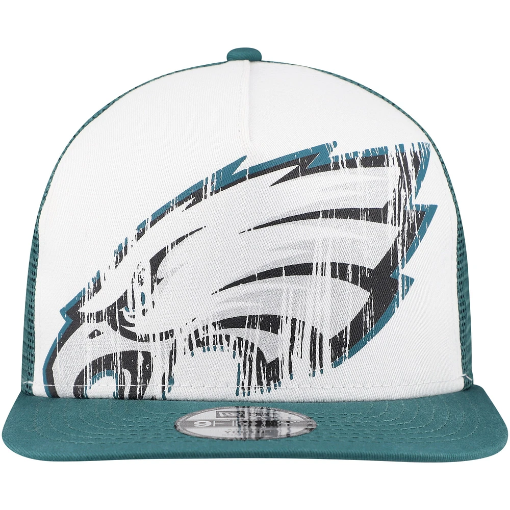 Youth New Era White/Midnight Green Philadelphia Eagles Distressed 9FIFTY A-Frame Snapback Hat