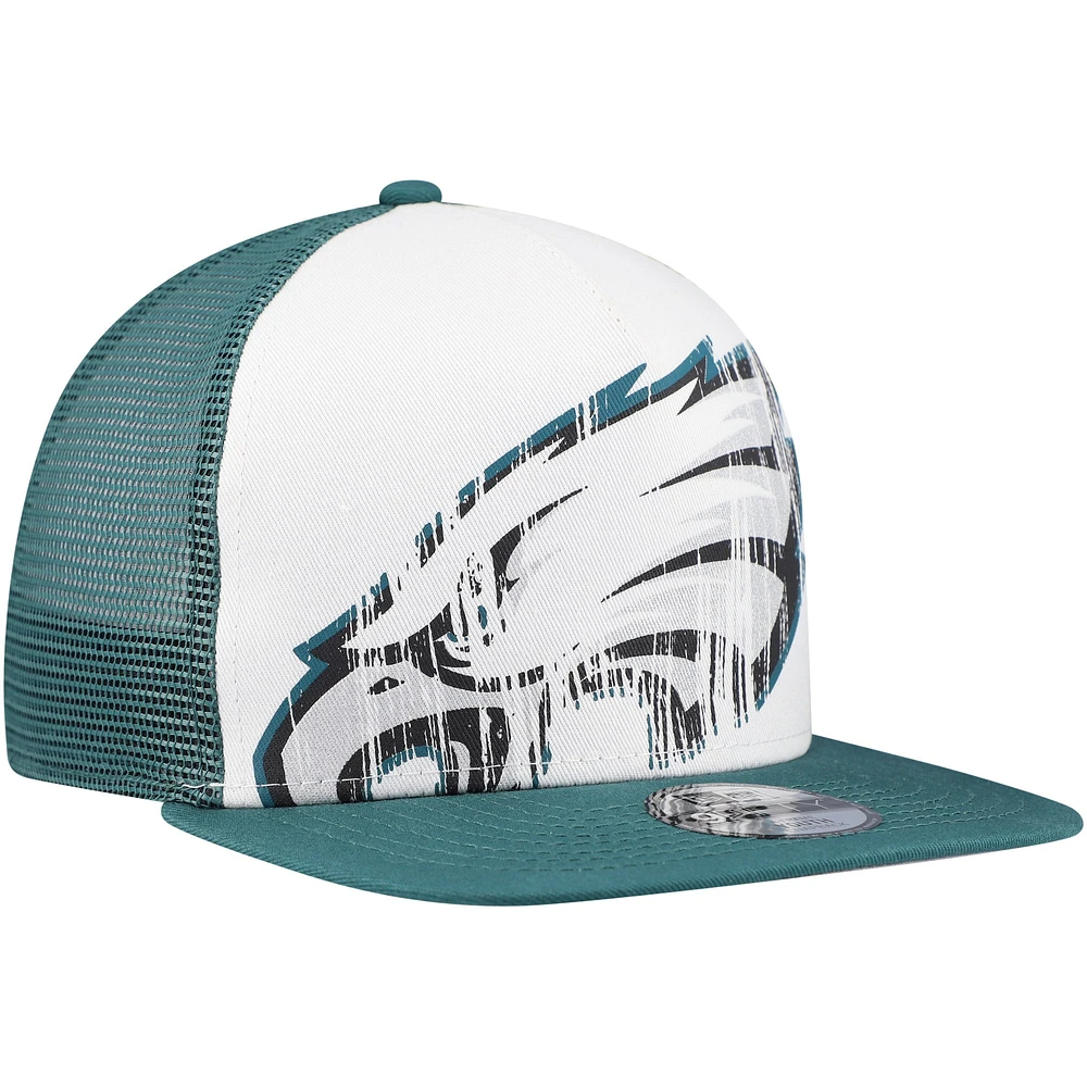 Youth New Era White/Midnight Green Philadelphia Eagles Distressed 9FIFTY A-Frame Snapback Hat