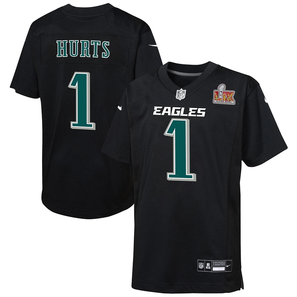 Youth Nike Jalen Hurts Carbon Black Philadelphia Eagles Super Bowl LIX Patch Fashion Game Player Jersey