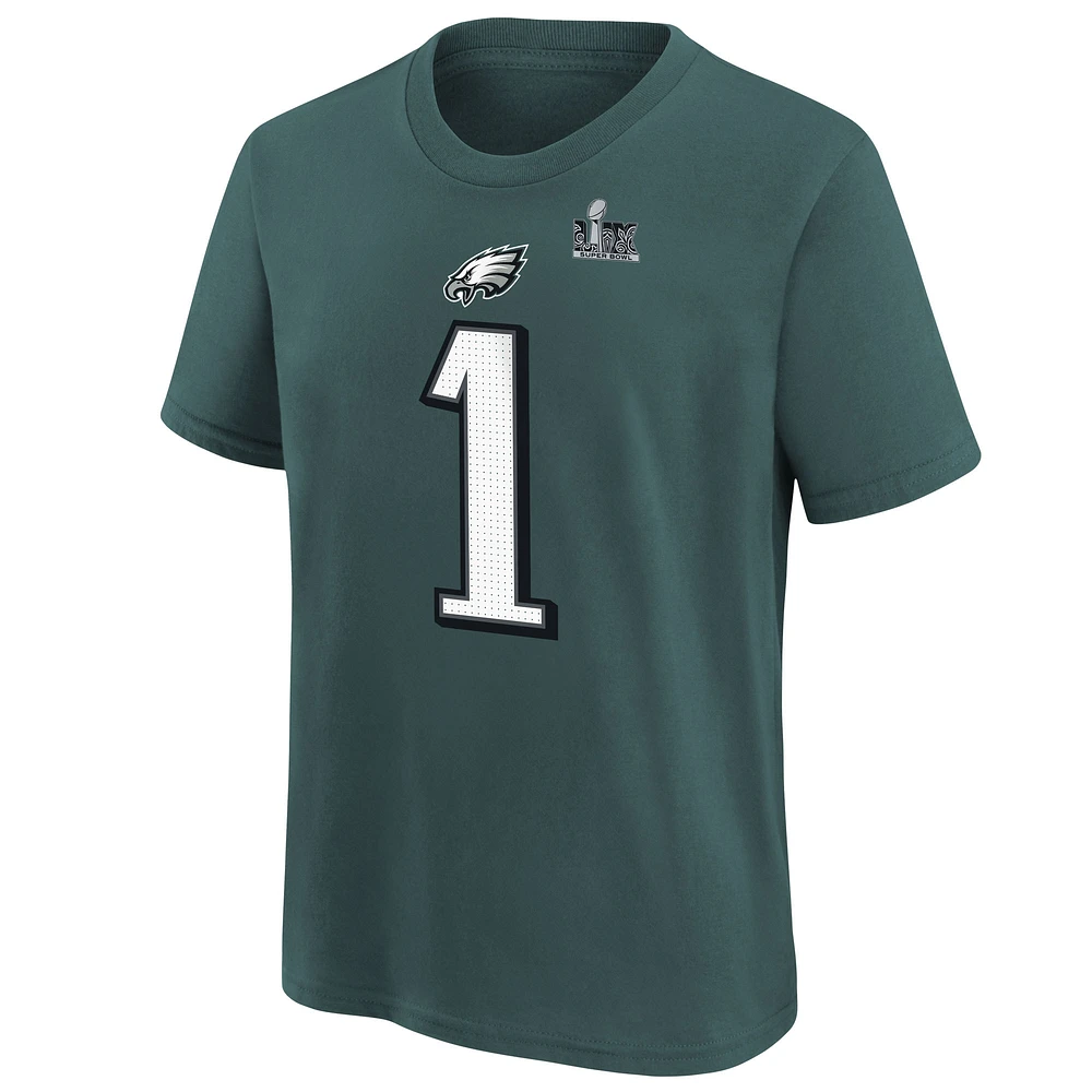 Youth Nike Jalen Hurts Midnight Green Philadelphia Eagles Super Bowl LIX Player Name & Number T-Shirt