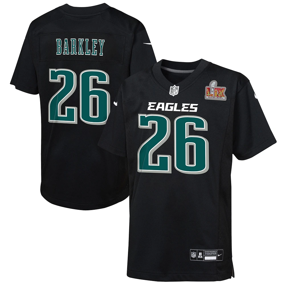 Youth Nike Saquon Barkley Carbon Black Philadelphia Eagles Super Bowl LIX Patch Fashion Game Player Jersey