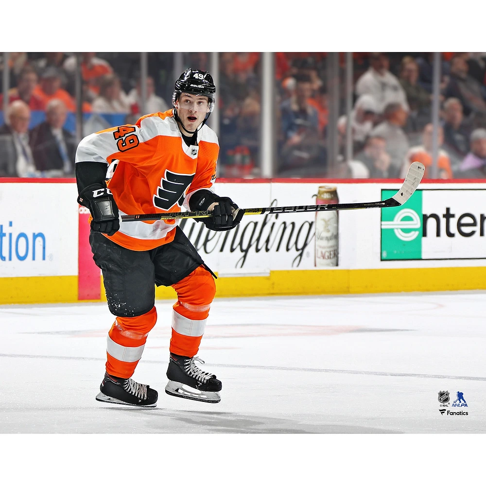 Photographie de patinage non signée du maillot orange des Flyers Philadelphie Joel Farabee