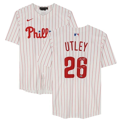 Maillot Nike blanc dédicacé par Chase Utley des Phillies de Philadelphie avec inscription « Ring the Bell »