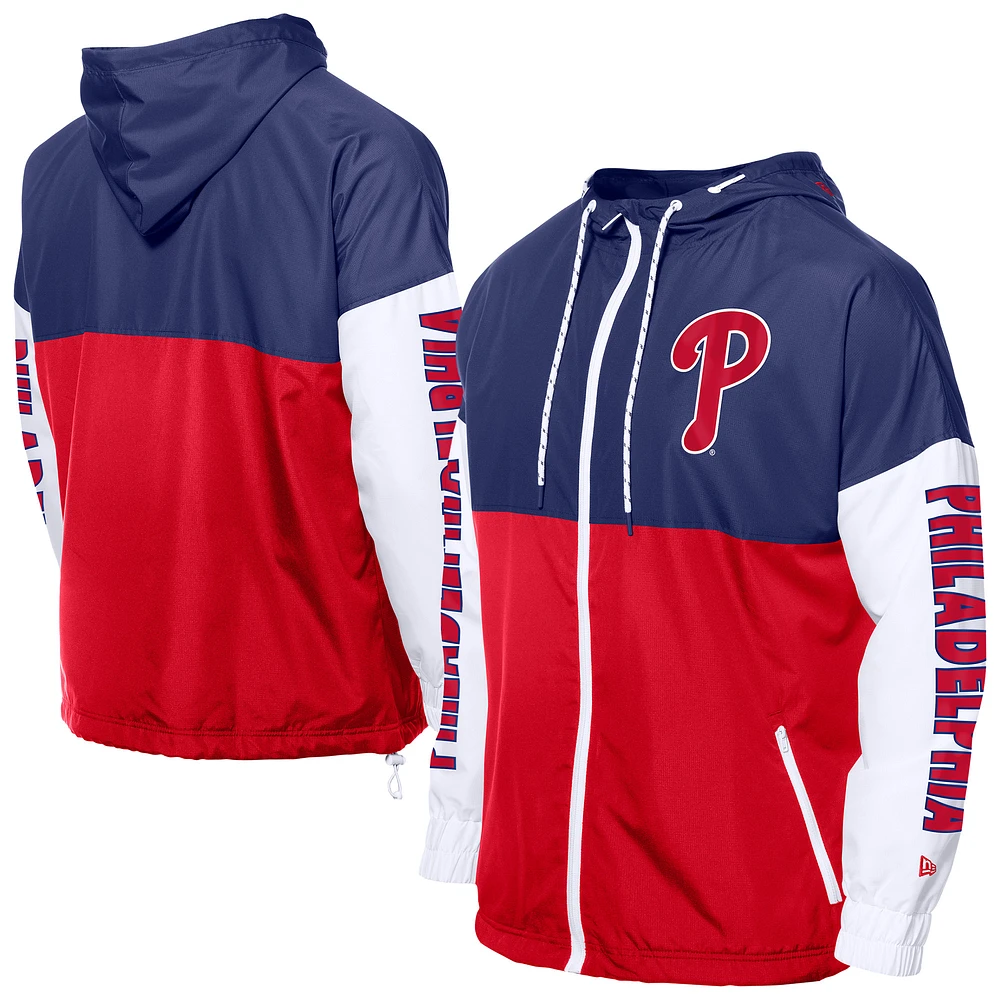 Coupe-vent à capuche entièrement zippé et blocs de couleurs pour homme New Era rouge/bleu royal des Philadelphia Phillies
