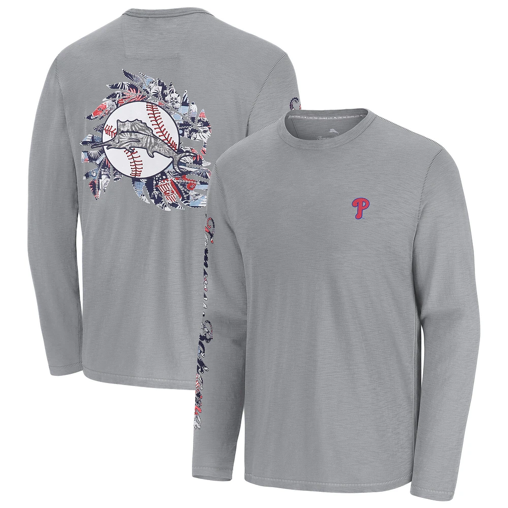 T-shirt à manches longues Tommy Bahama gris pour homme, Tropic Curveball Lux, Philadelphia Phillies
