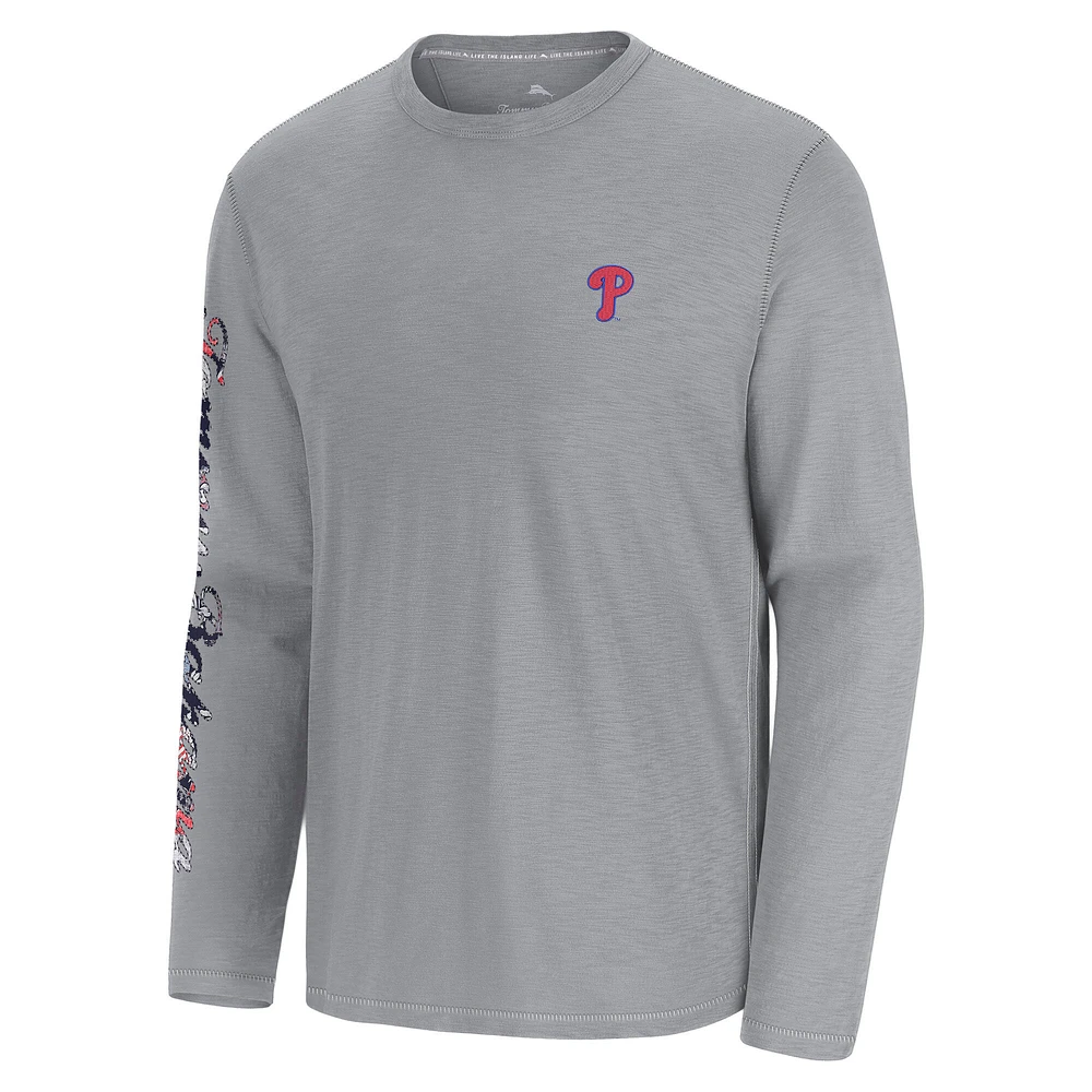 T-shirt à manches longues Tommy Bahama gris pour homme, Tropic Curveball Lux, Philadelphia Phillies