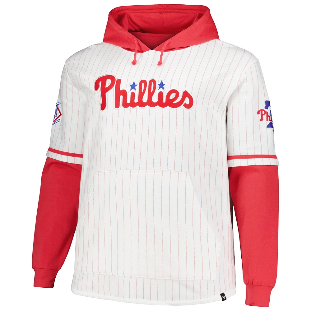 Men's '47 White Philadelphia Phillies Big & Tall Pinstripe Double Header Collection Pullover Hoodie