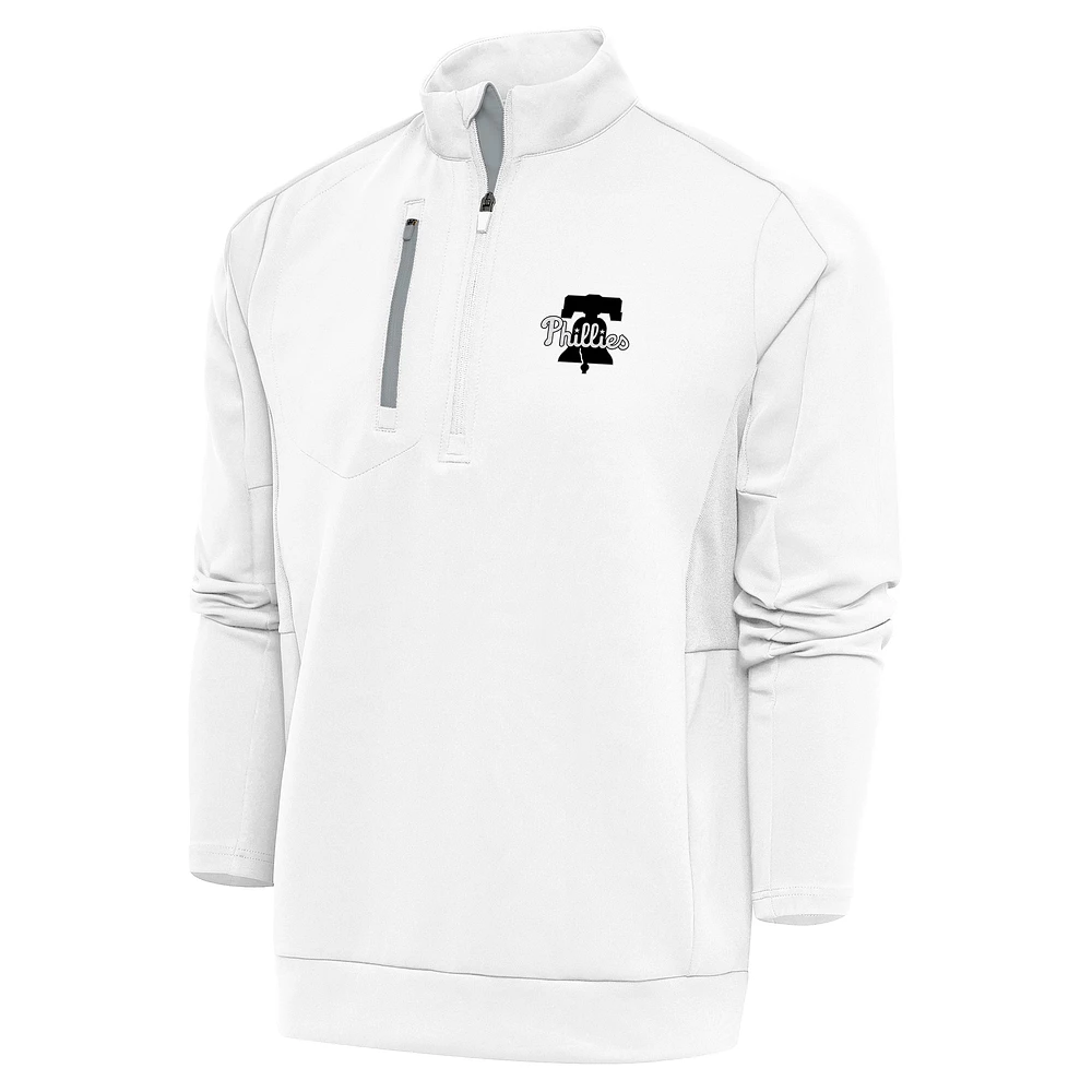 Men's Antigua White Philadelphia Phillies Metallic Generation Quarter-Zip Pullover Top