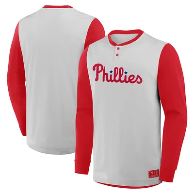 T-shirt Henley à manches longues Fanatics gris/rouge pour homme des Philadelphia Phillies Clubhouse