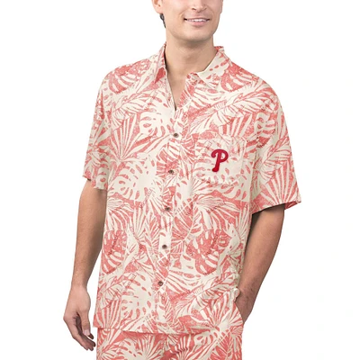 Chemise boutonnée de fête à imprimé Monstera des Phillies Philadelphie rouge Margaritaville pour hommes