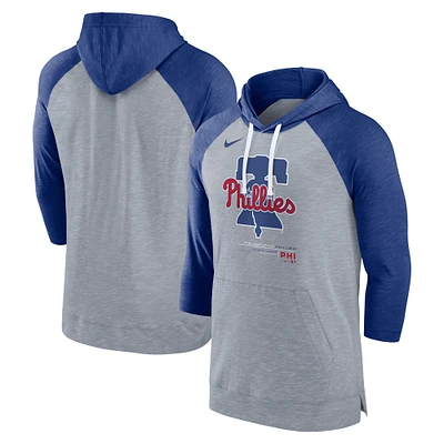 Chandail à capuchon manches 3/4 raglan de baseball des Phillies Philadelphie Nike pour homme, gris chiné/royal chiné