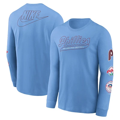 T-shirt à manches longues Nike bleu clair pour homme, collection Cooperstown Knockout des Philadelphia Phillies