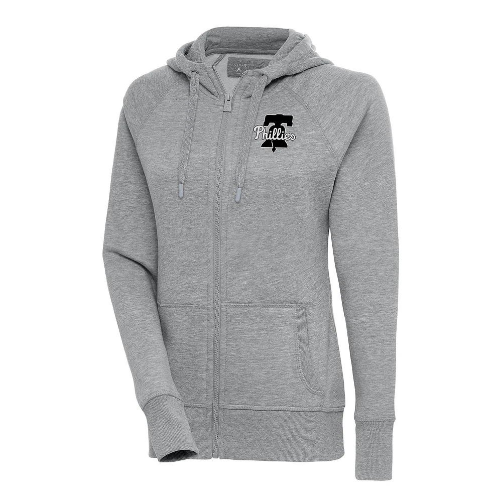 Sweat à capuche entièrement zippé en métal brossé Antigua Heather Grey Philadelphia Phillies pour femme