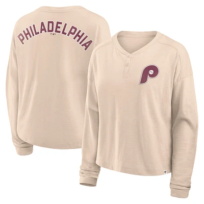 Women's Fanatics Tan Philadelphia Phillies Oversized Stadium Slub Long Sleeve Henley T-Shirt