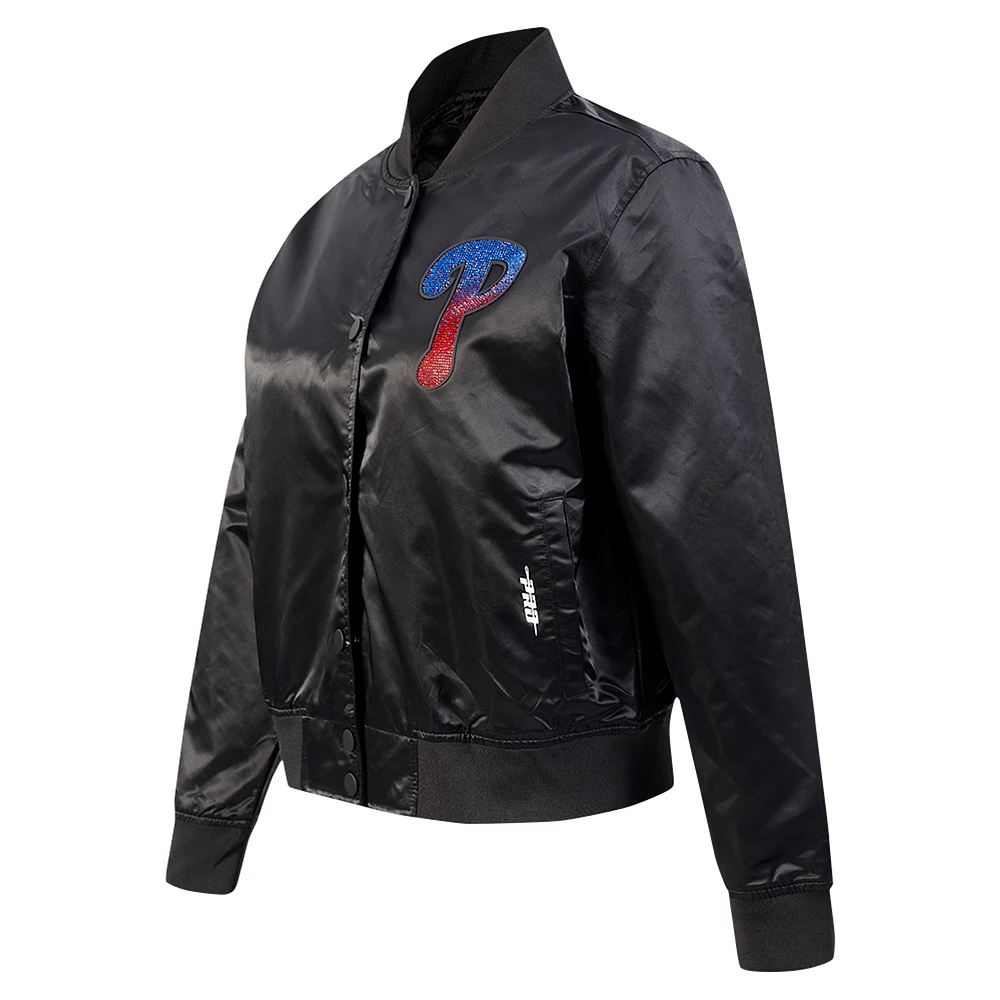 Women's Pro Standard Black Philadelphia Phillies Rhinestone Satin Full-Snap Jacket