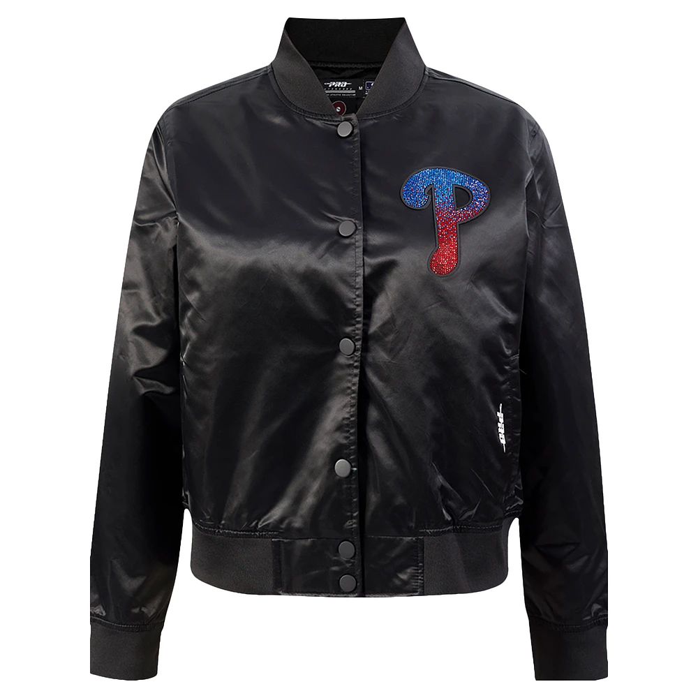 Women's Pro Standard Black Philadelphia Phillies Rhinestone Satin Full-Snap Jacket