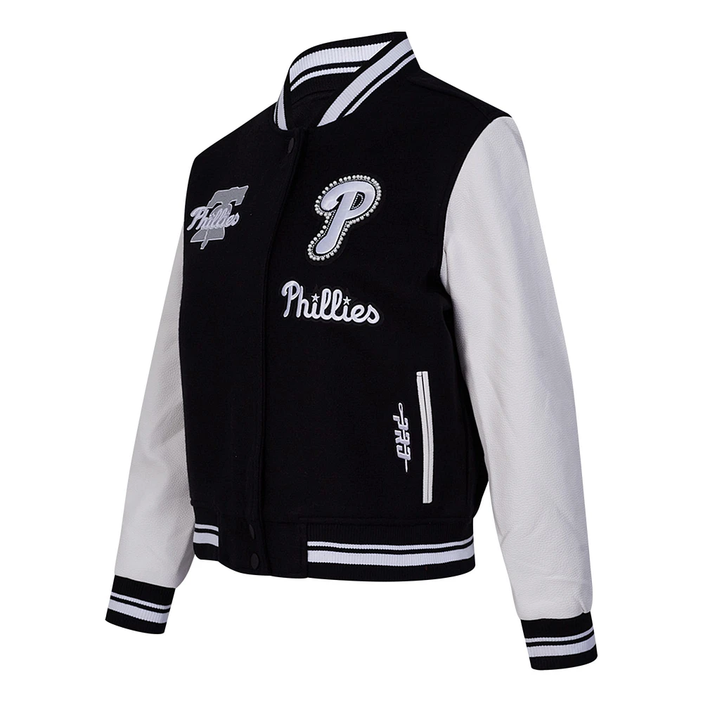 Women's Pro Standard Black Philadelphia Phillies Pearls Rib Wool Full-Zip Varsity Jacket