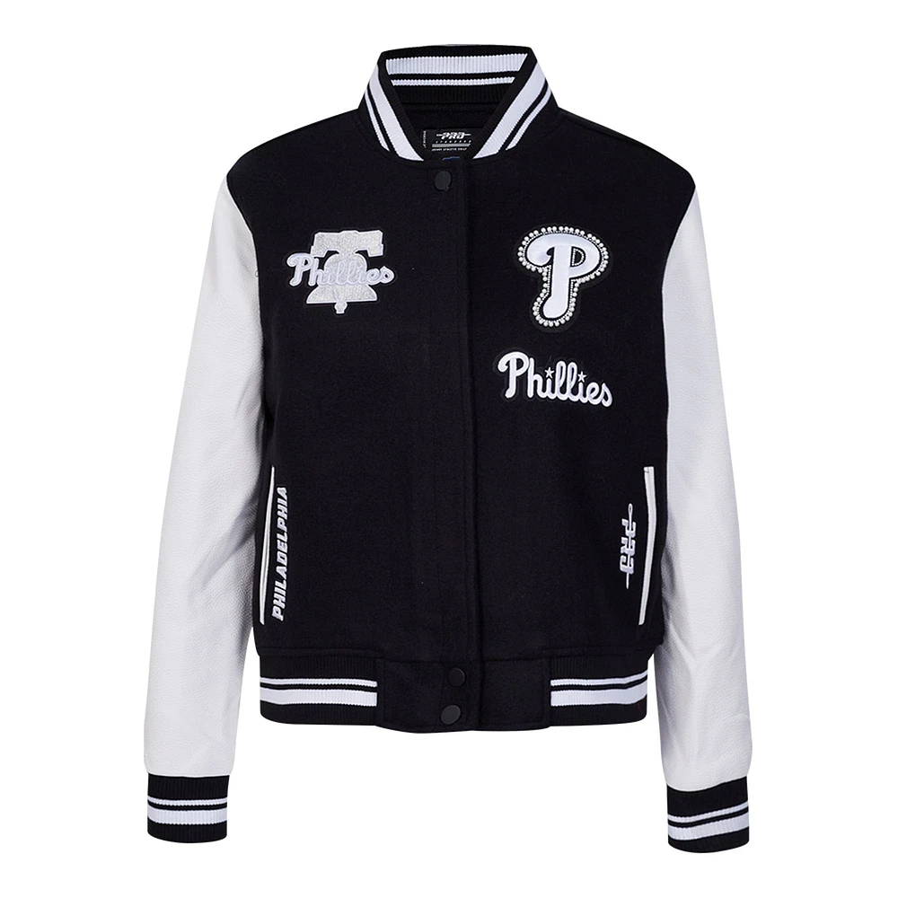 Women's Pro Standard Black Philadelphia Phillies Pearls Rib Wool Full-Zip Varsity Jacket