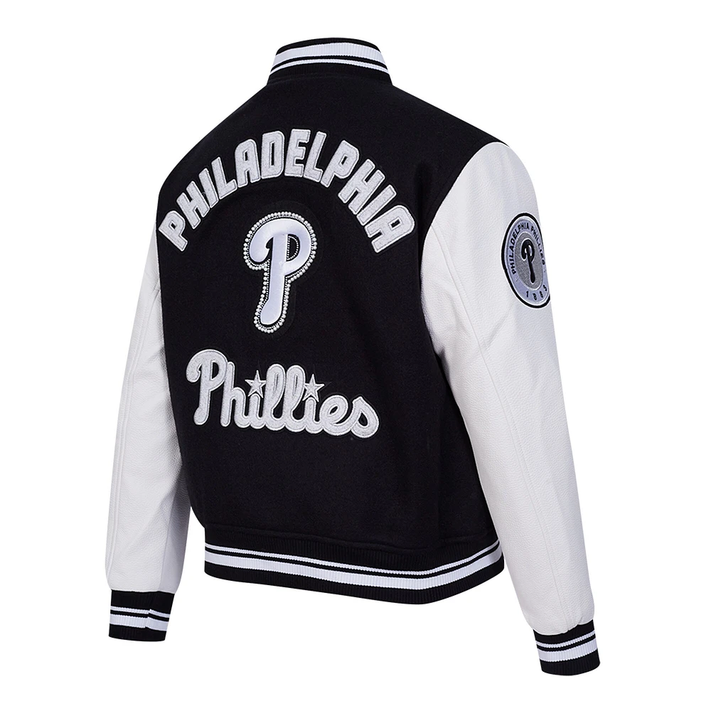 Women's Pro Standard Black Philadelphia Phillies Pearls Rib Wool Full-Zip Varsity Jacket
