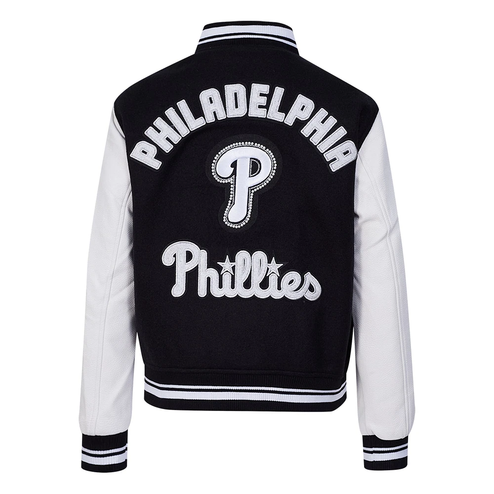 Women's Pro Standard Black Philadelphia Phillies Pearls Rib Wool Full-Zip Varsity Jacket