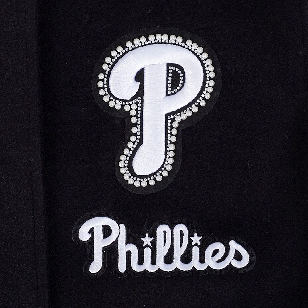 Women's Pro Standard Black Philadelphia Phillies Pearls Rib Wool Full-Zip Varsity Jacket