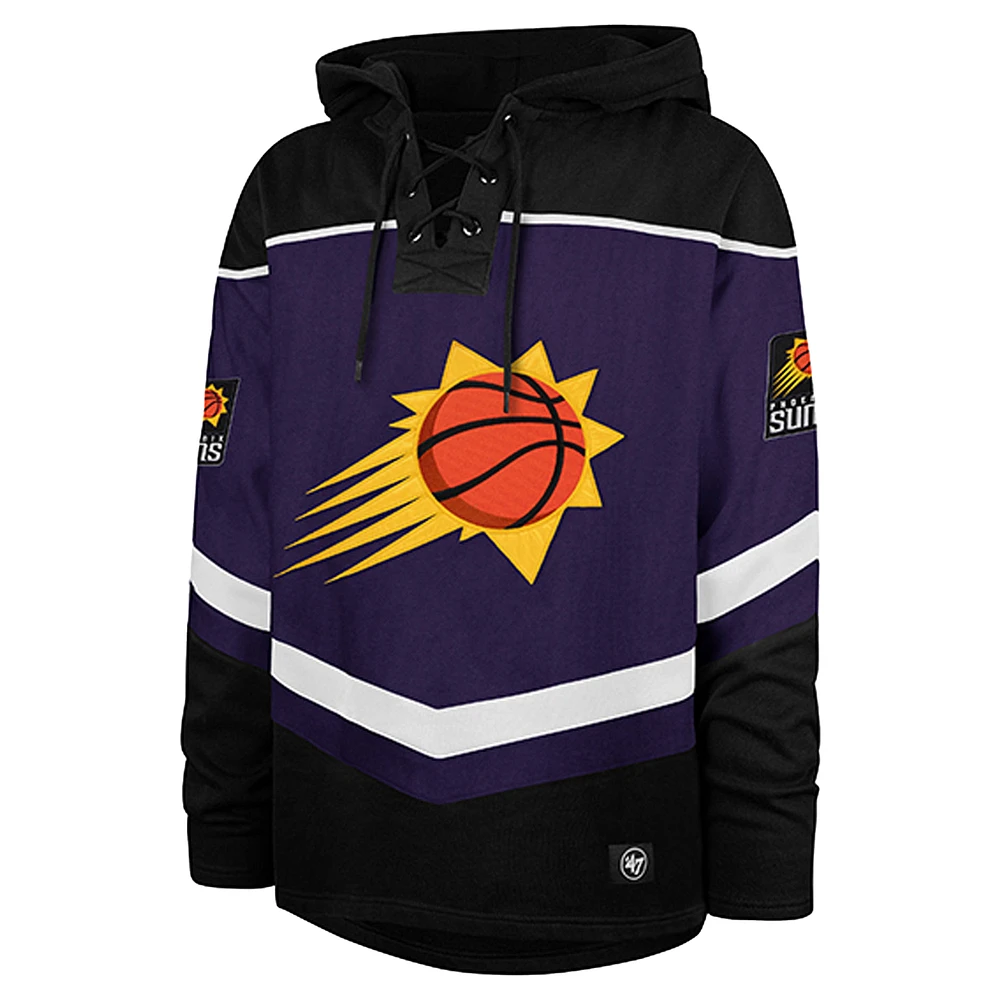 Men's '47 Purple Phoenix Suns Oversized Tri-Satin Layup Lacer Pullover Hoodie
