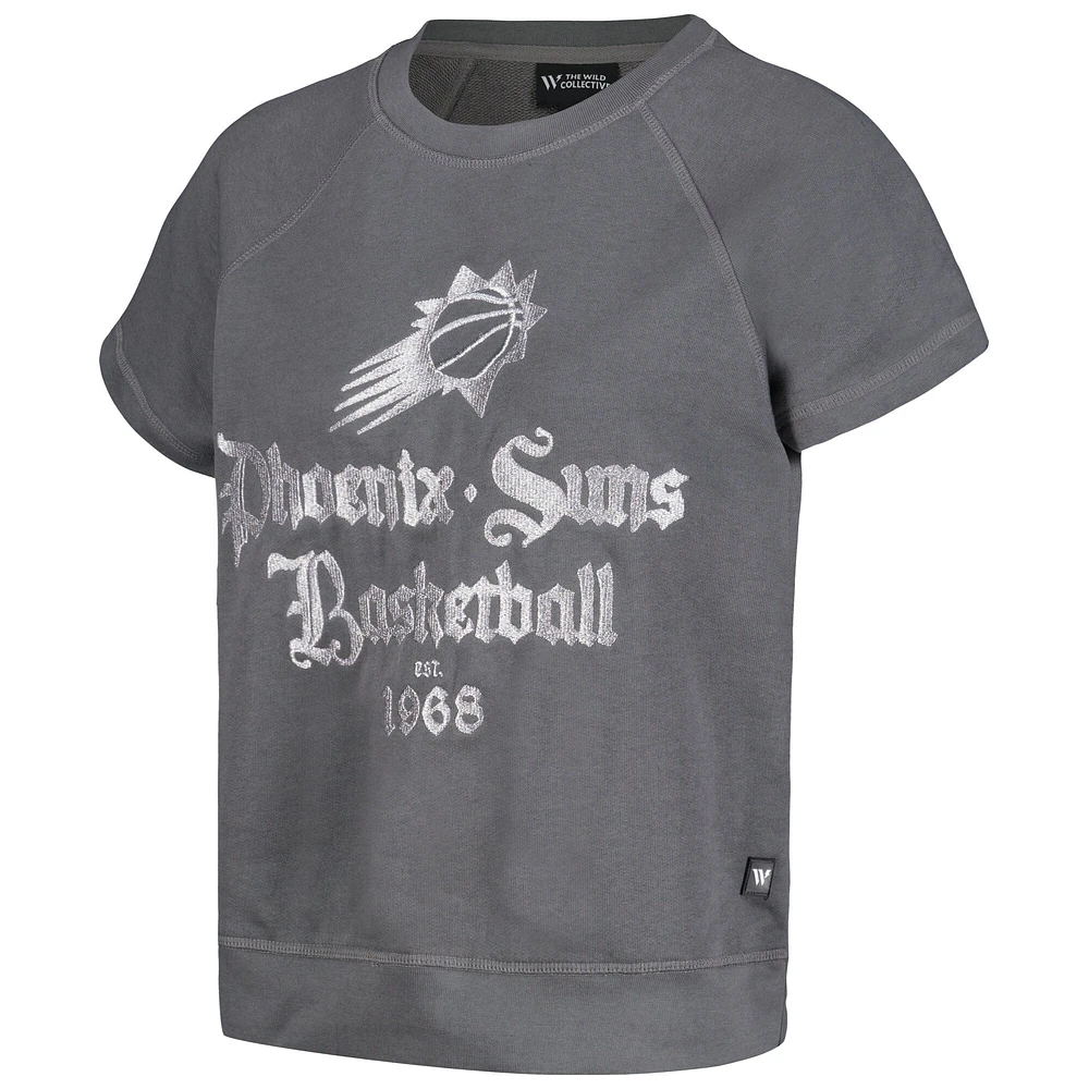 Sweat-shirt à manches courtes raglan en polaire brodée The Wild Collective pour femmes, gris Phoenix Suns
