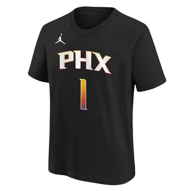 T-shirt Jordan Brand Devin Booker noir Phoenix Suns Statement Edition pour jeune avec nom et numéro