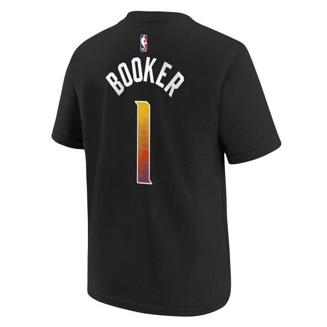 T-shirt Jordan Brand Devin Booker noir Phoenix Suns Statement Edition pour jeune avec nom et numéro