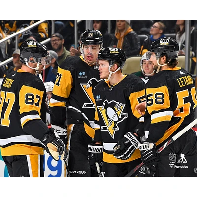 Evgeni Malkin Jake Guentzel Kris Letang & Sidney Crosby Pittsburgh Penguins Unsigned Discussing a Play Photograph