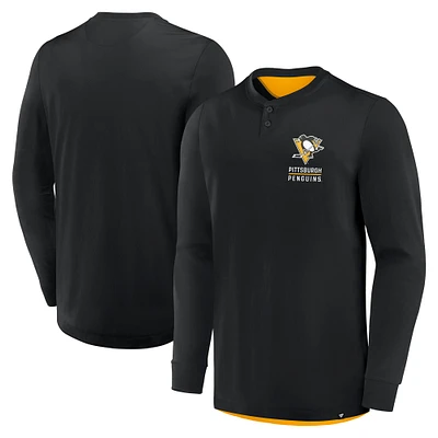T-shirt Henley à manches longues Adrenaline Push des Penguins de Pittsburgh pour homme, noir, Fanatics